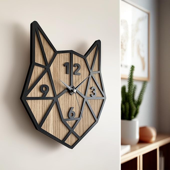 🦊 Geometric Fox Head 3D Wall Clock – Black & Wood Finish