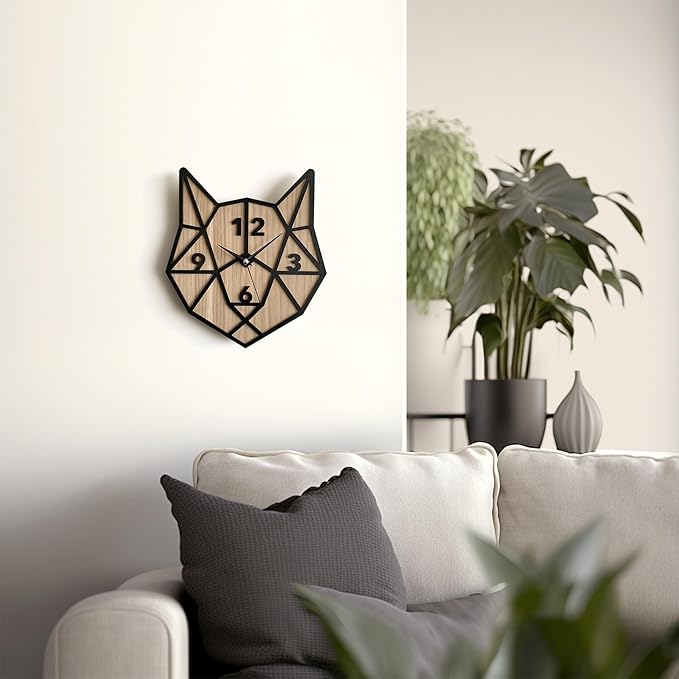 🦊 Geometric Fox Head 3D Wall Clock – Black & Wood Finish