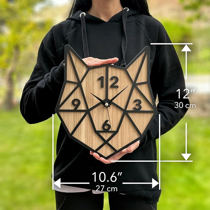 🦊 Geometric Fox Head 3D Wall Clock – Black & Wood Finish
