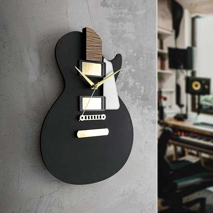 ๐ธ Guitar-Inspired 3D Wall Clock โ Matte Black with Gold Accents