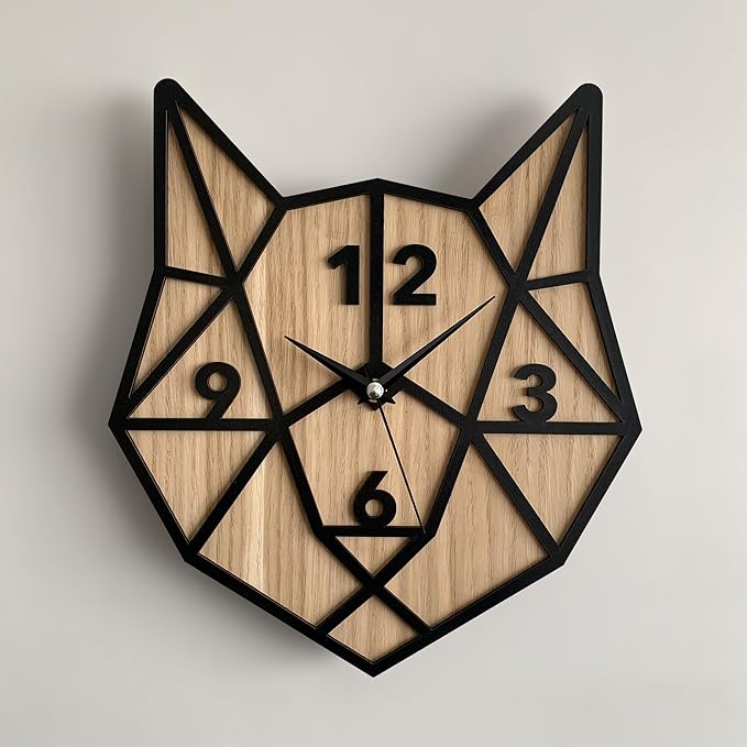🦊 Geometric Fox Head 3D Wall Clock – Black & Wood Finish