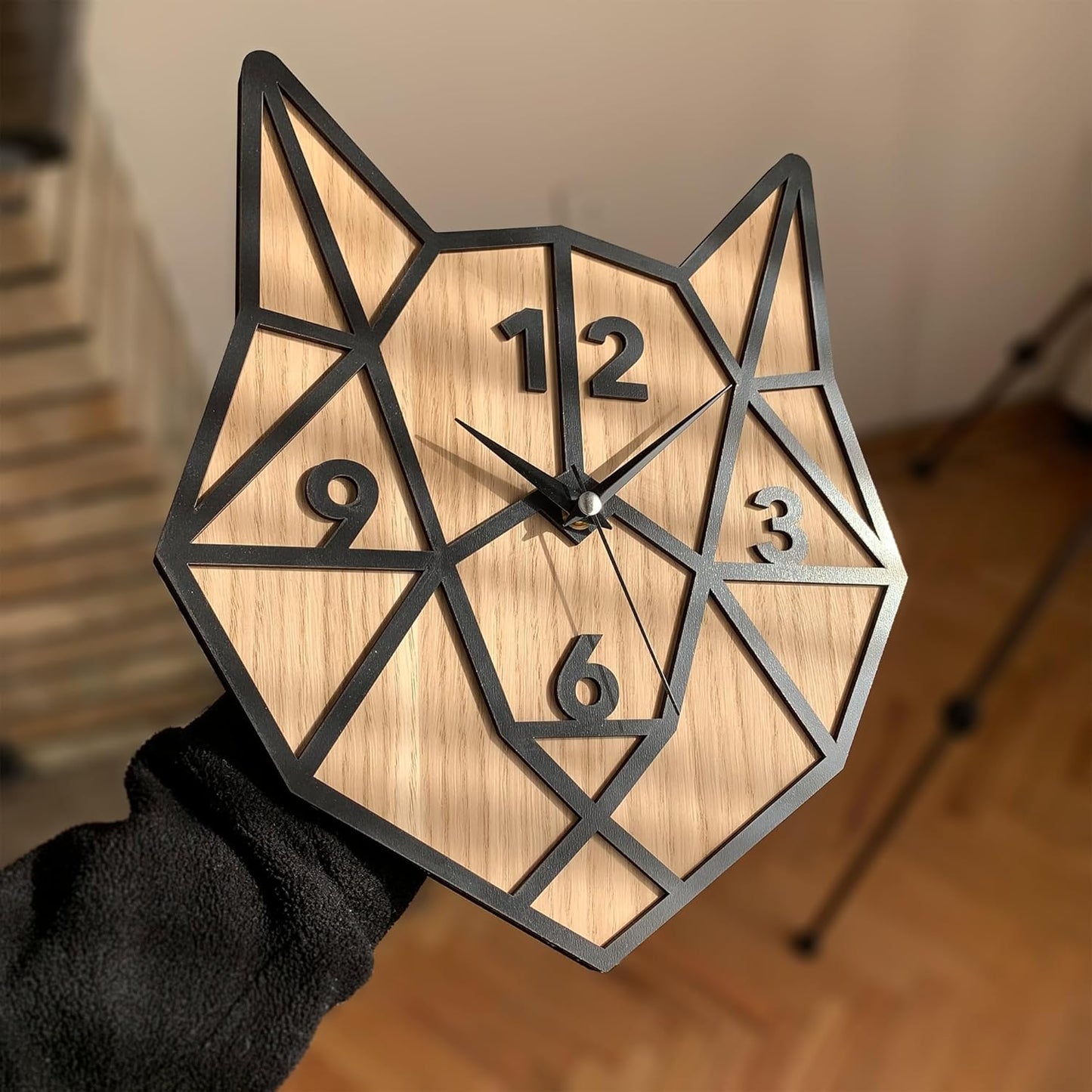 🦊 Geometric Fox Head 3D Wall Clock – Black & Wood Finish