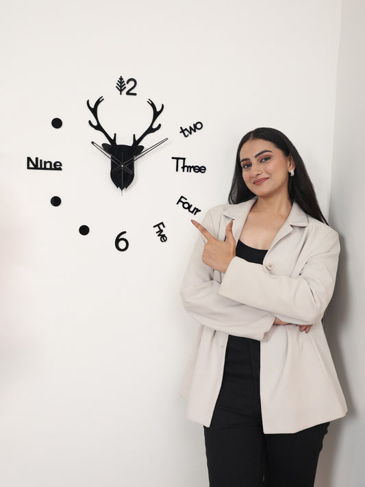 Deer Head 3D Wall Clock - Black