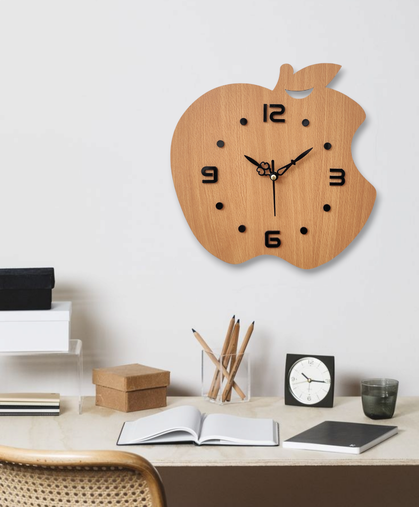 Apple-Shaped Wooden Wall Clock - Minimalist Design