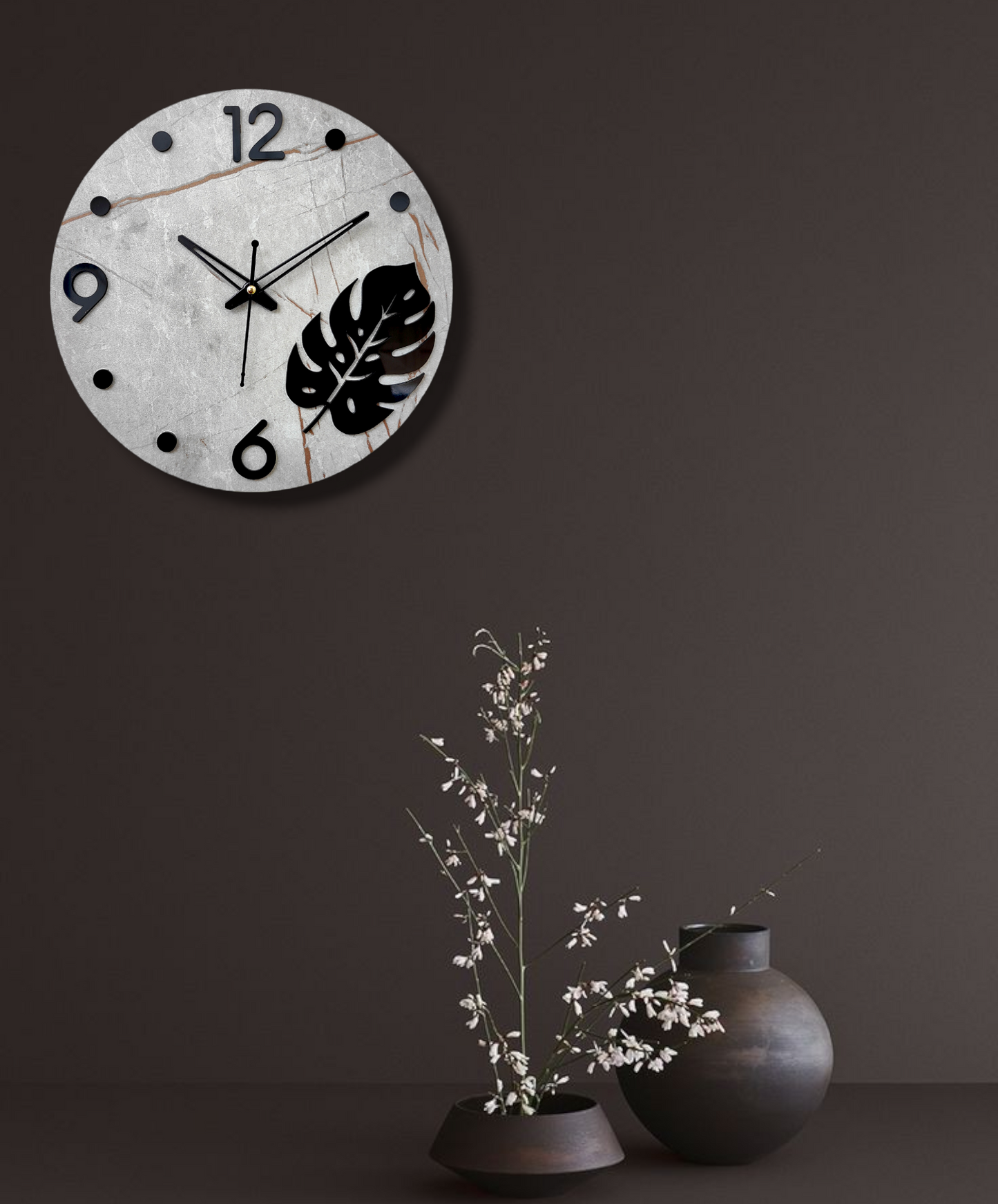 Modern Minimalist Wall Clock - Concrete Design with Monstera Leaf Accent