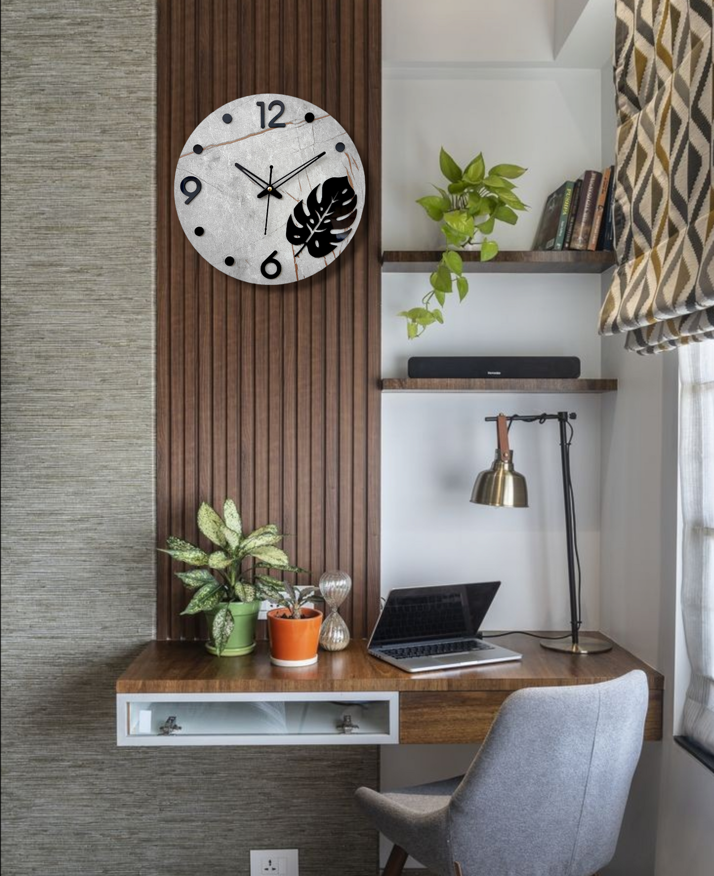 Modern Minimalist Wall Clock - Concrete Design with Monstera Leaf Accent