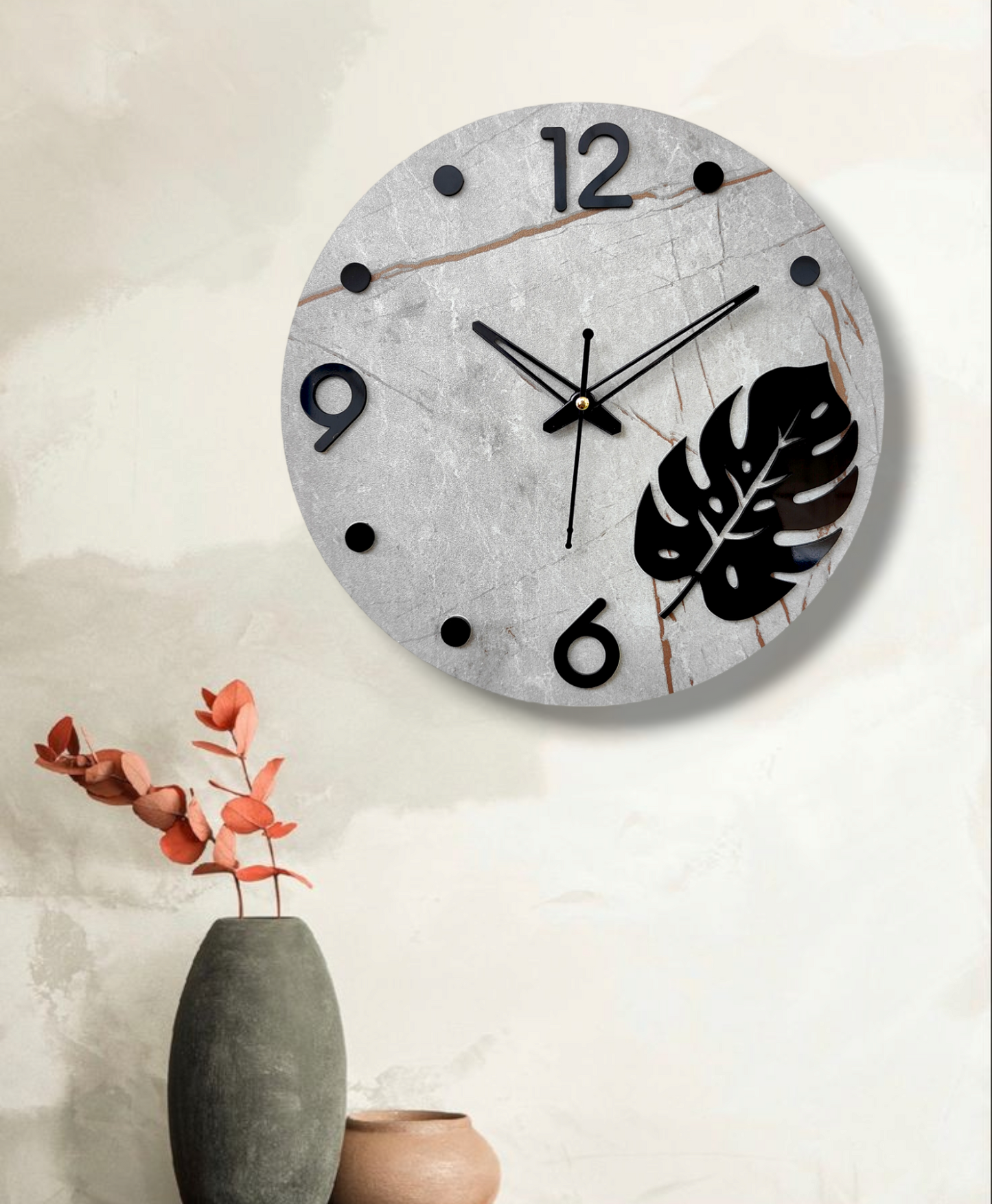 Modern Minimalist Wall Clock - Concrete Design with Monstera Leaf Accent