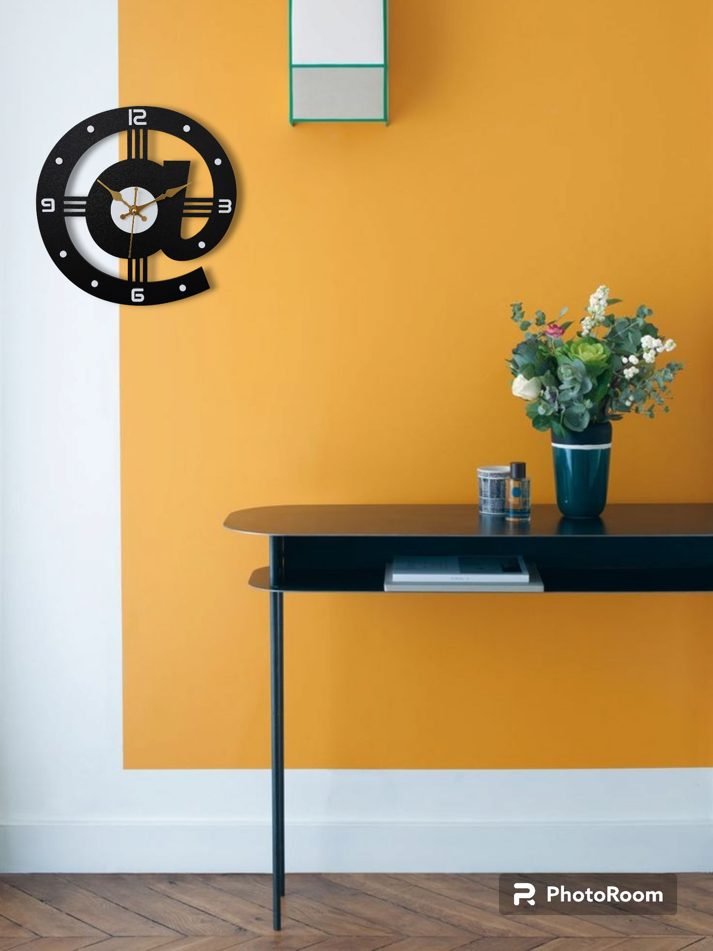Modern @ Symbol Wall Clock - Black & Gold Design