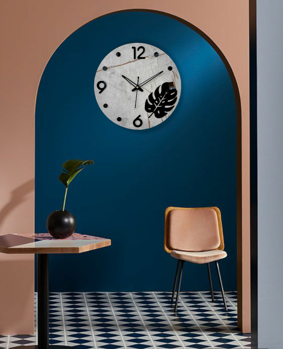 Modern Minimalist Wall Clock - Concrete Design with Monstera Leaf Accent