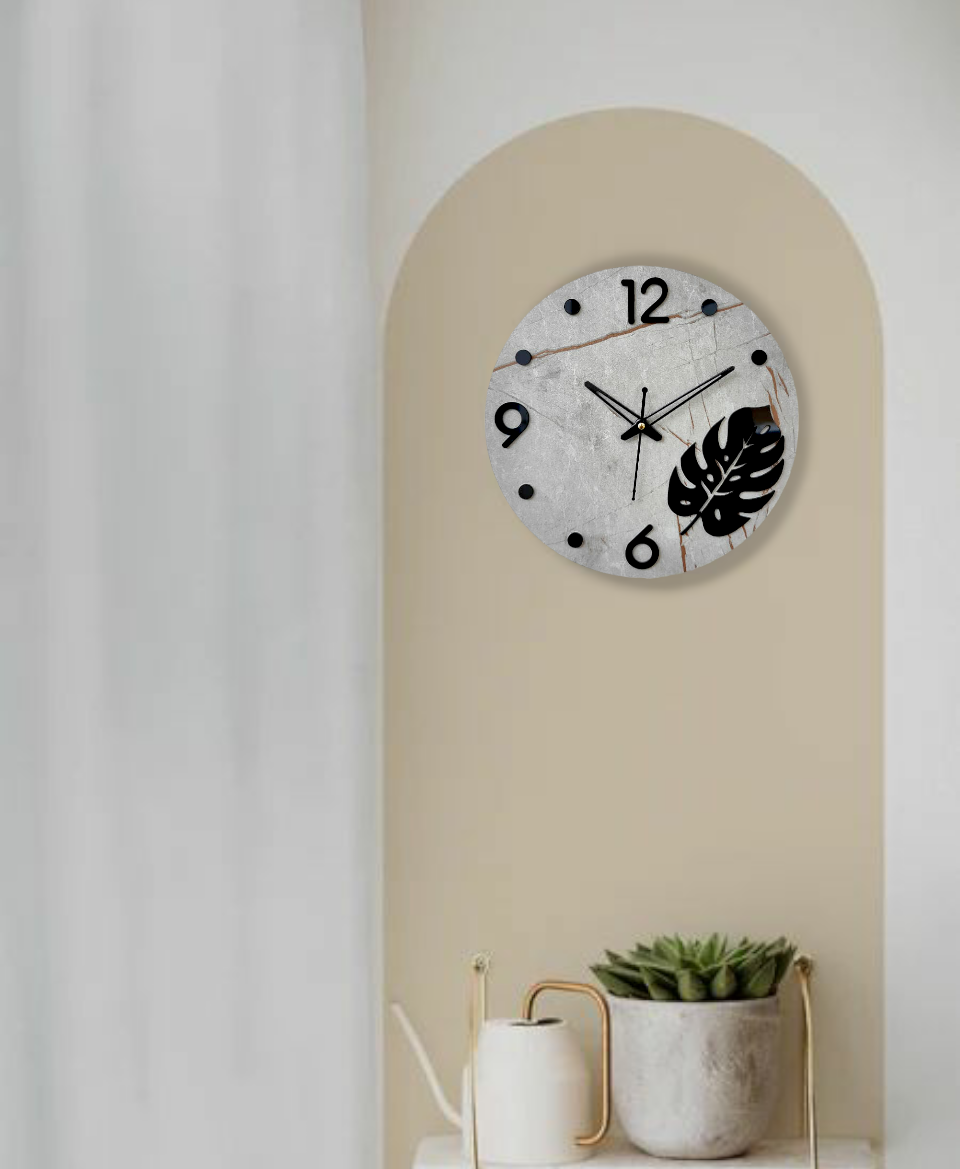 Modern Minimalist Wall Clock - Concrete Design with Monstera Leaf Accent
