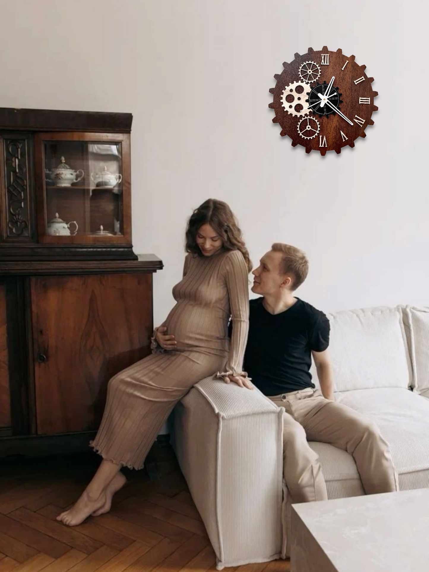 Wooden Rustic Gear Wall Clock