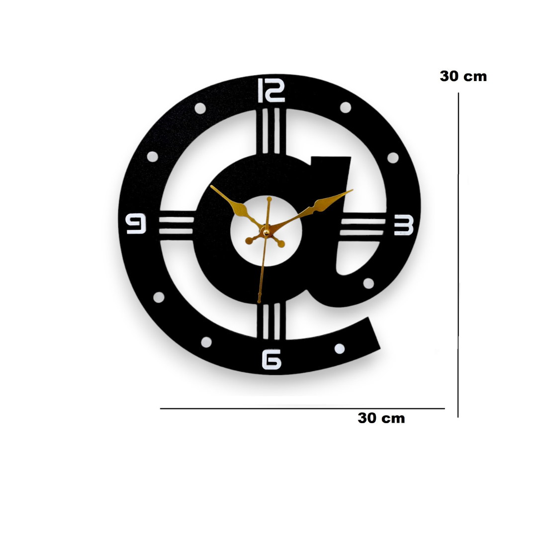 Modern @ Symbol Wall Clock - Black & Gold Design