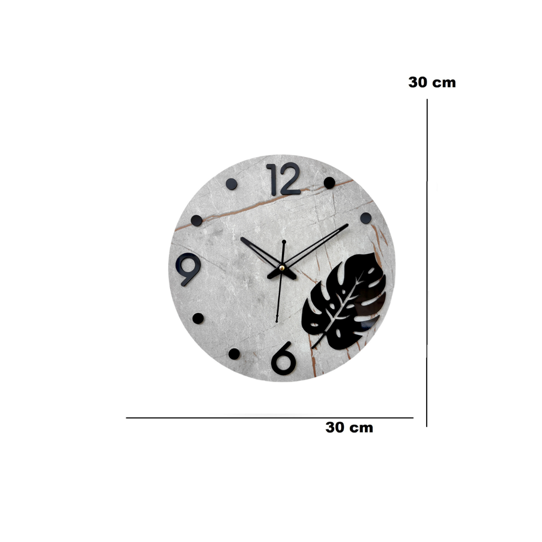Modern Minimalist Wall Clock - Concrete Design with Monstera Leaf Accent