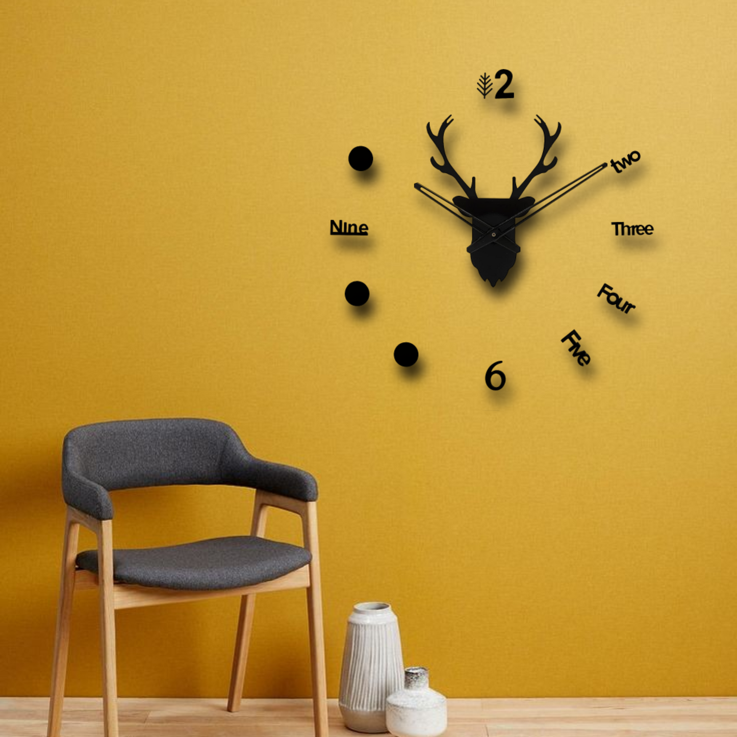 Deer Head 3D Wall Clock - Black