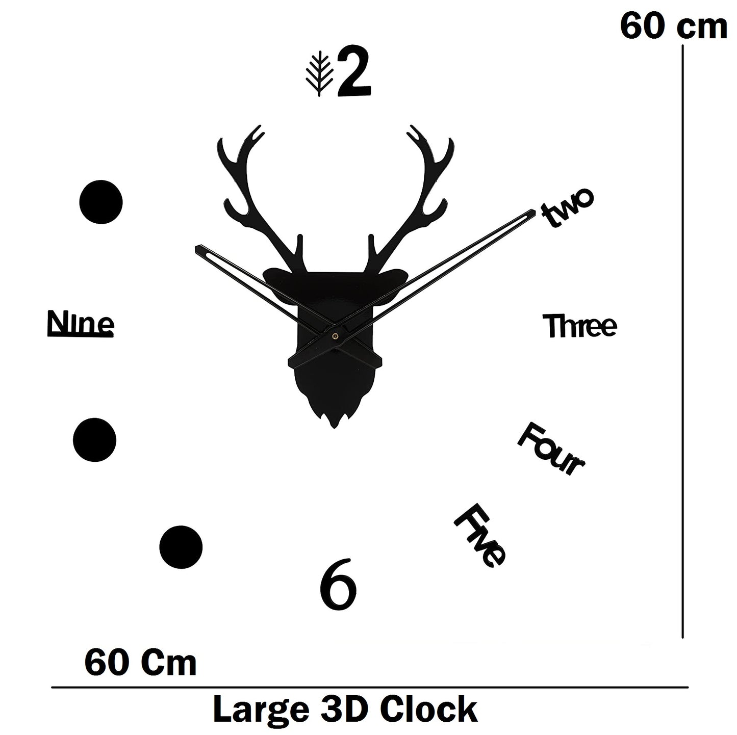 Deer Head 3D Wall Clock - Black