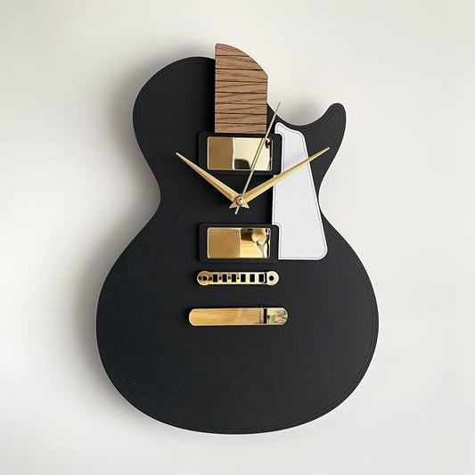 🎸 Guitar-Inspired 3D Wall Clock – Matte Black with Gold Accents