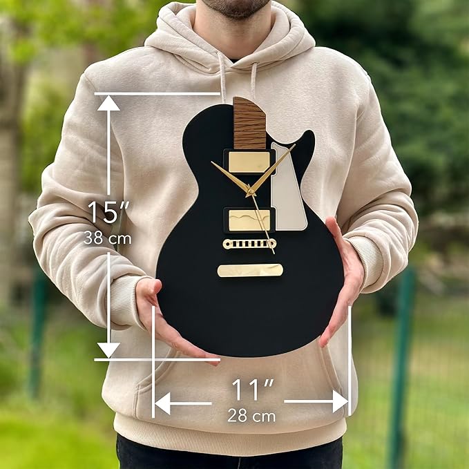 🎸 Guitar-Inspired 3D Wall Clock – Matte Black with Gold Accents