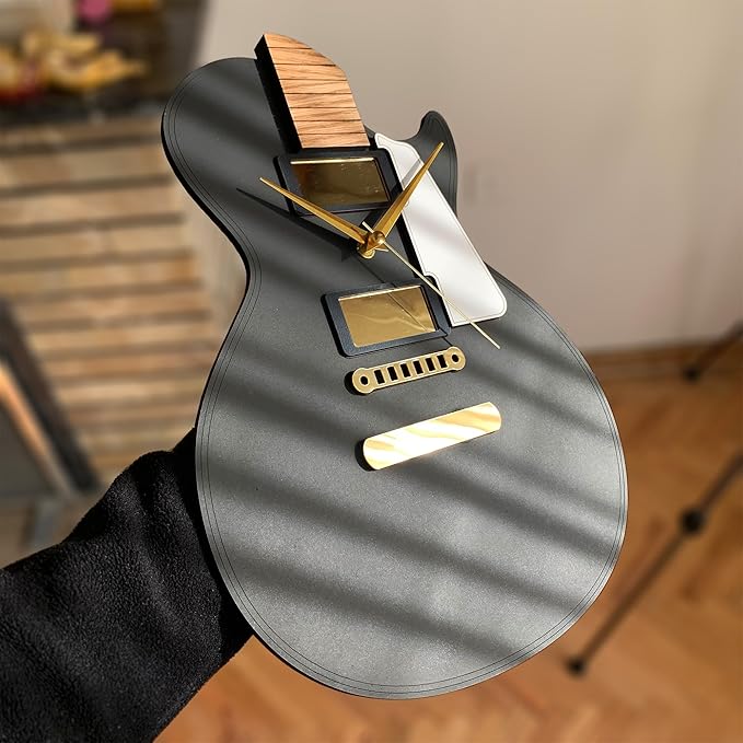 🎸 Guitar-Inspired 3D Wall Clock – Matte Black with Gold Accents