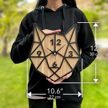 🦊 Geometric Fox Head 3D Wall Clock – Black & Wood Finish