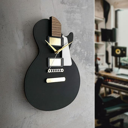 🎸 Guitar-Inspired 3D Wall Clock – Matte Black with Gold Accents