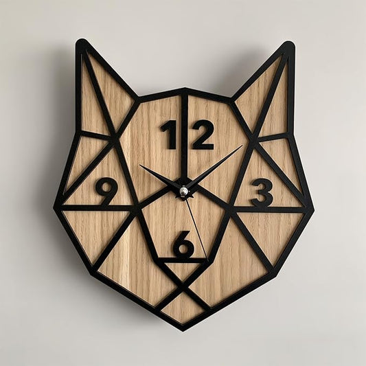 🦊 Geometric Fox Head 3D Wall Clock – Black & Wood Finish