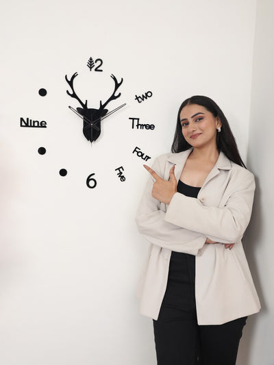 Deer Head 3D Wall Clock - Black