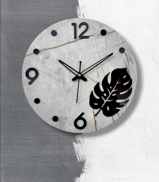 Modern Minimalist Wall Clock - Concrete Design with Monstera Leaf Accent