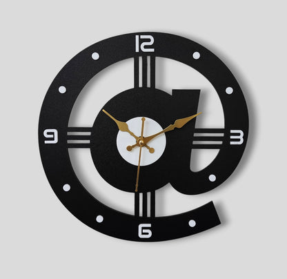 Modern @ Symbol Wall Clock - Black & Gold Design