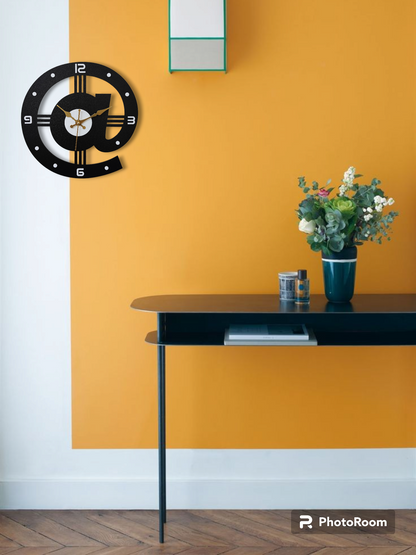 Modern @ Symbol Wall Clock - Black & Gold Design
