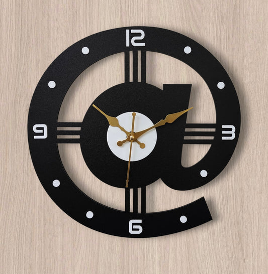 Modern @ Symbol Wall Clock - Black & Gold Design