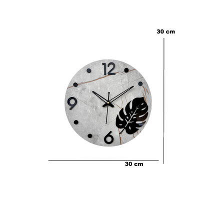 Modern Minimalist Wall Clock - Concrete Design with Monstera Leaf Accent