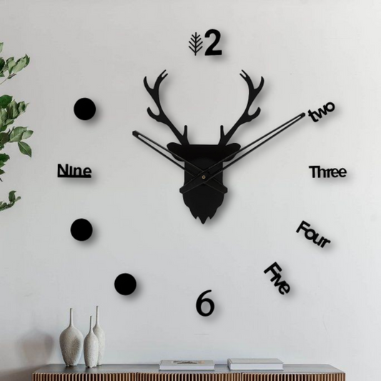 Deer Head 3D Wall Clock - Black