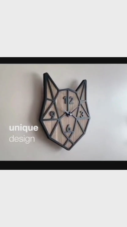 🦊 Geometric Fox Head 3D Wall Clock – Black & Wood Finish